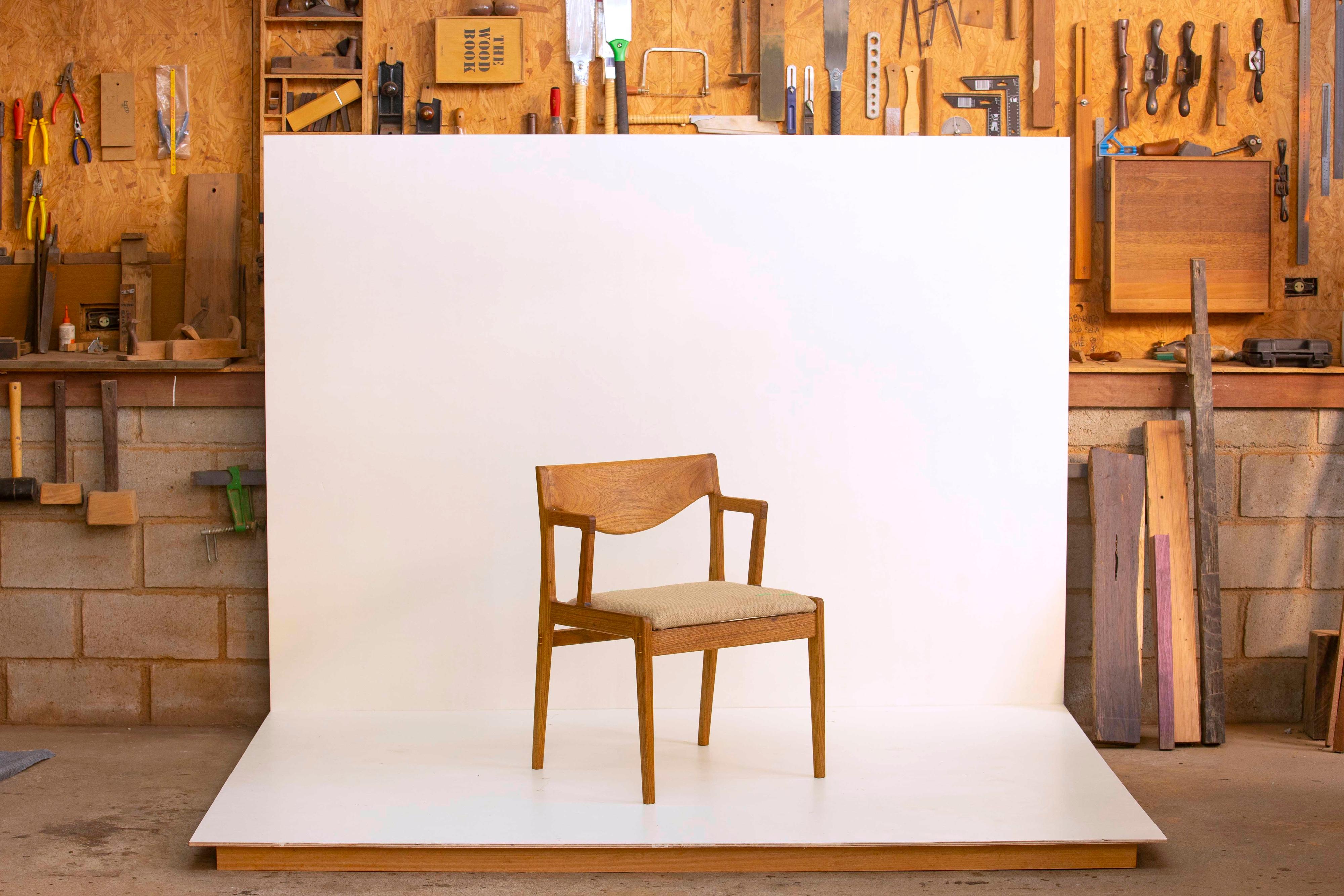 Upholstered dining chair in Brazilian Hardwood by Ricardo Graham For Sale 1