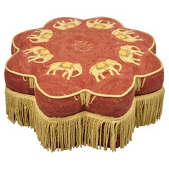 Upholstered Elephant Moroccan Print Cranberry Ottoman w/ Tassel Skirt