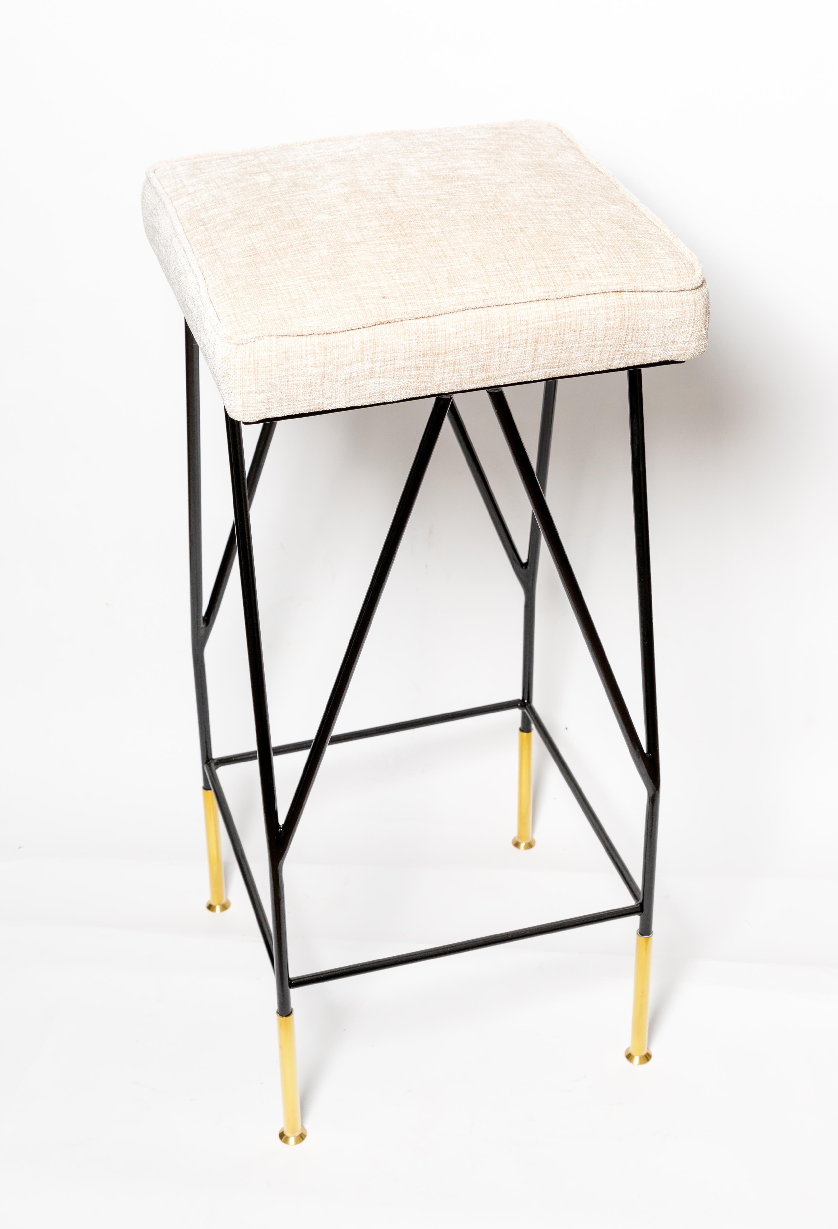 Modern Upholstered Enameled Iron Bar Stools with Brass Details For Sale