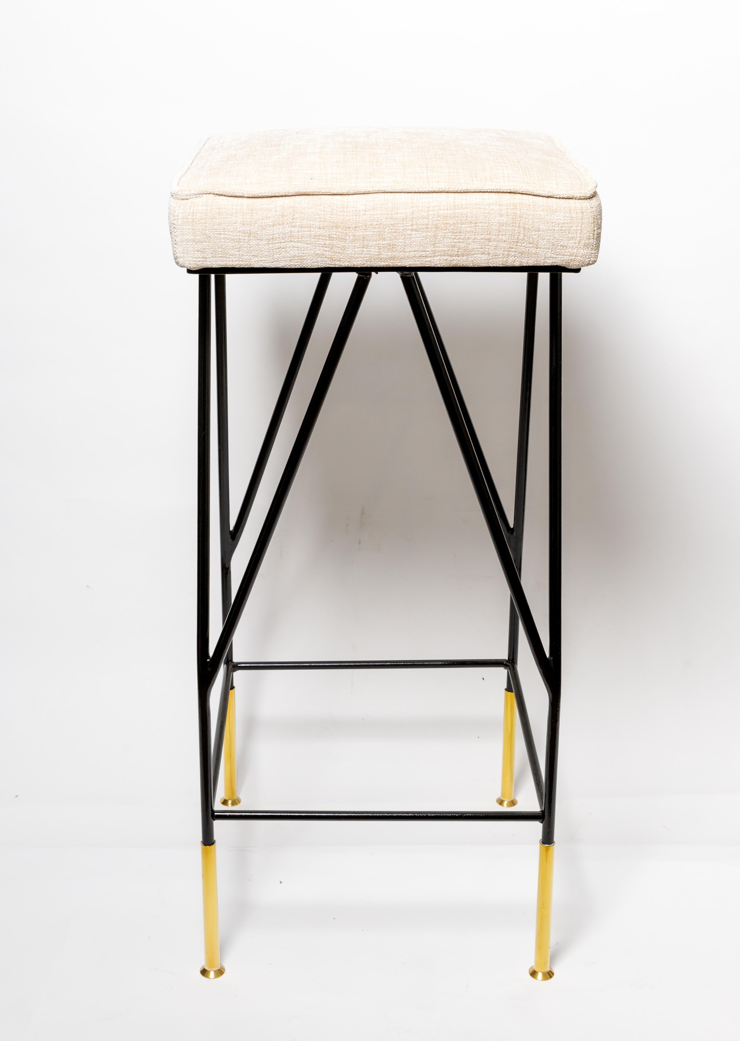 Italian Upholstered Enameled Iron Bar Stools with Brass Details For Sale