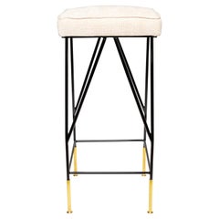 Upholstered Enameled Iron Bar Stools with Brass Details
