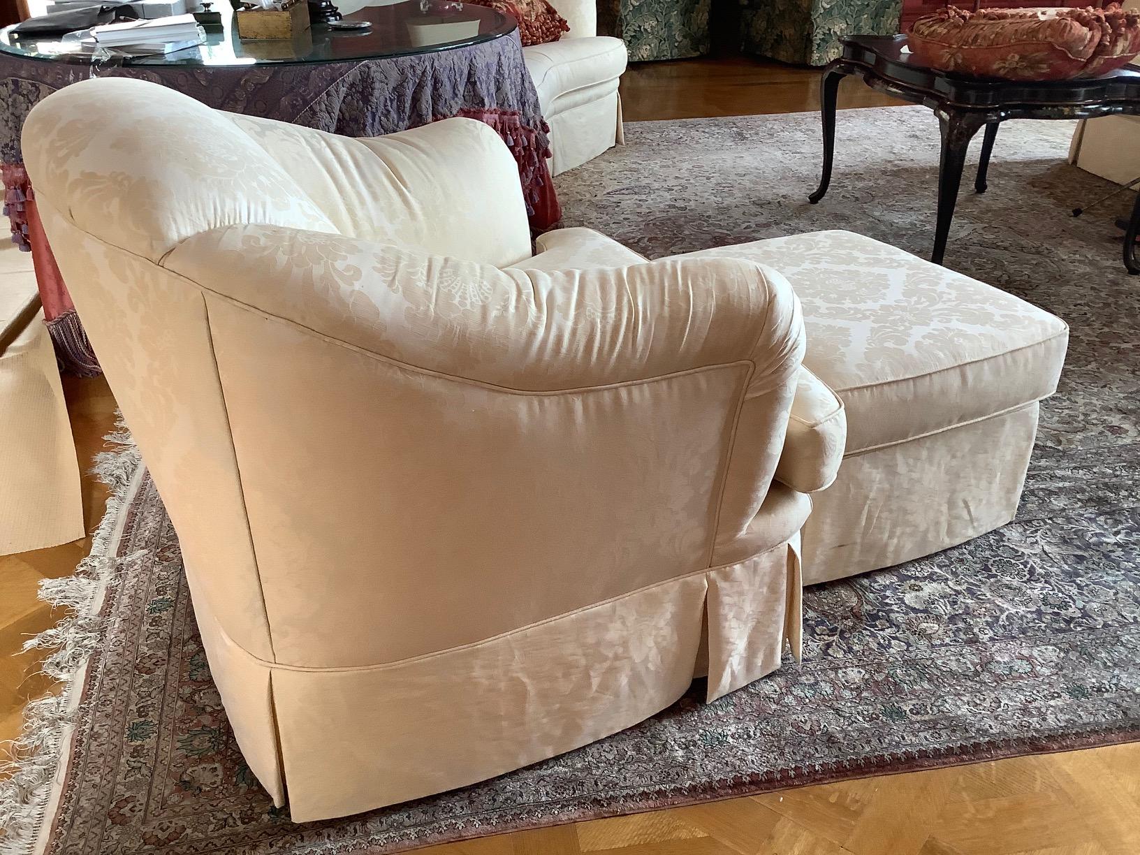 Fabric Upholstered English Scalloped Style Chair with an Ottoman, 20th Century For Sale