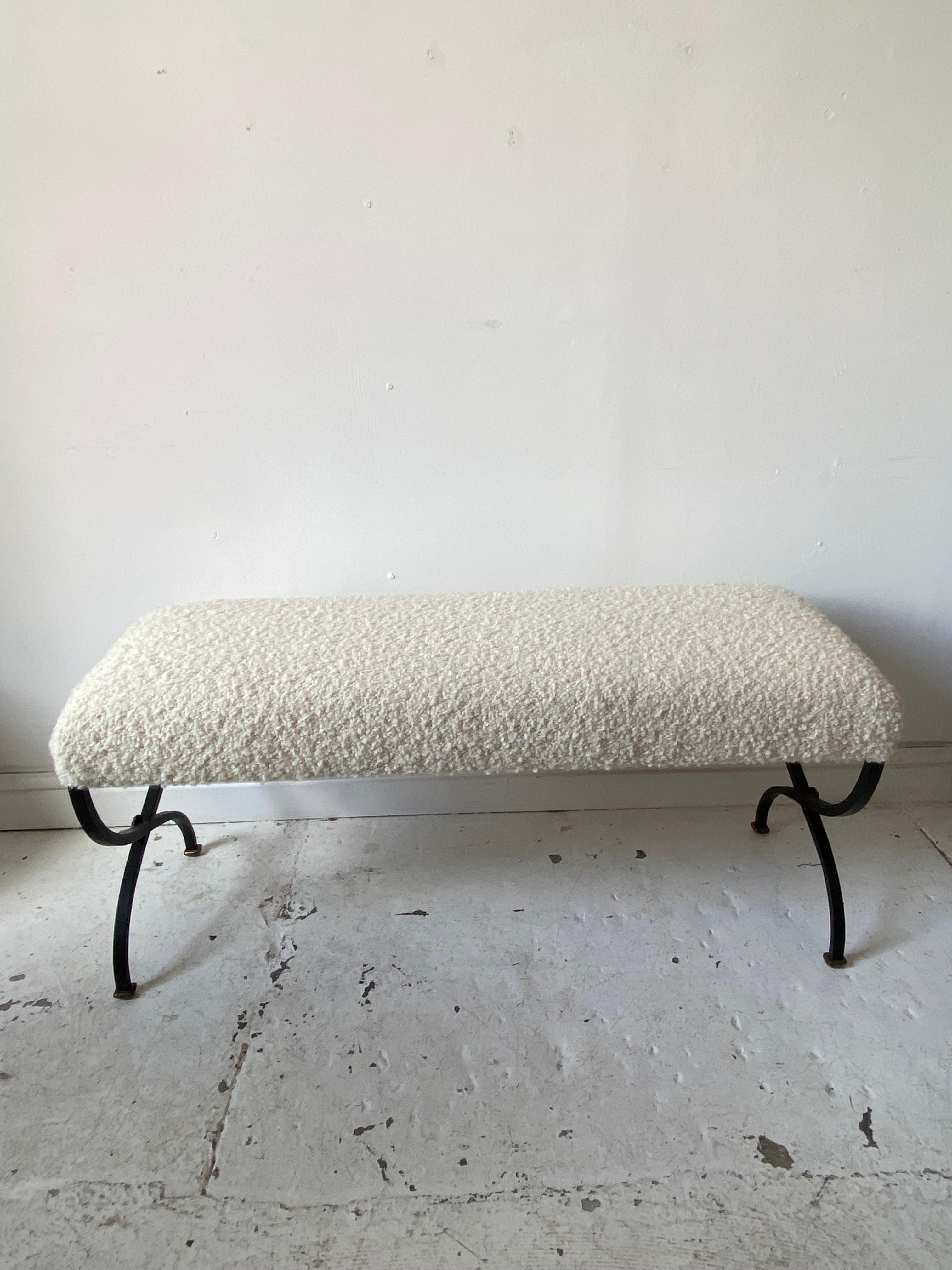 French Upholstered Entryway or Bedroom Bench Seat with Metal Cross Leg