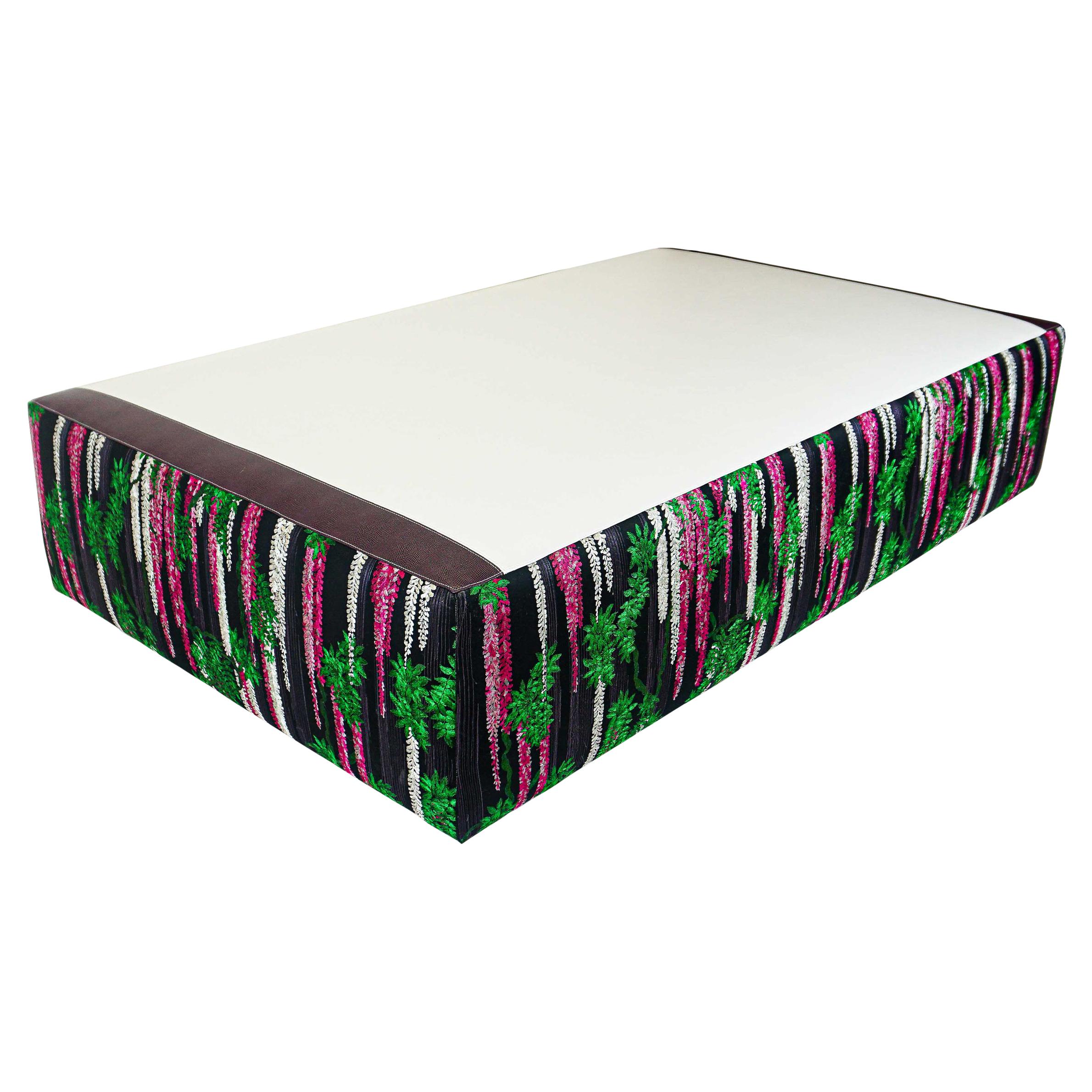 Upholstered Faux White Leather Large Ottoman with Embroidered Wisteria Cotton For Sale
