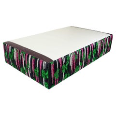 Upholstered Faux White Leather Large Ottoman with Embroidered Wisteria Cotton
