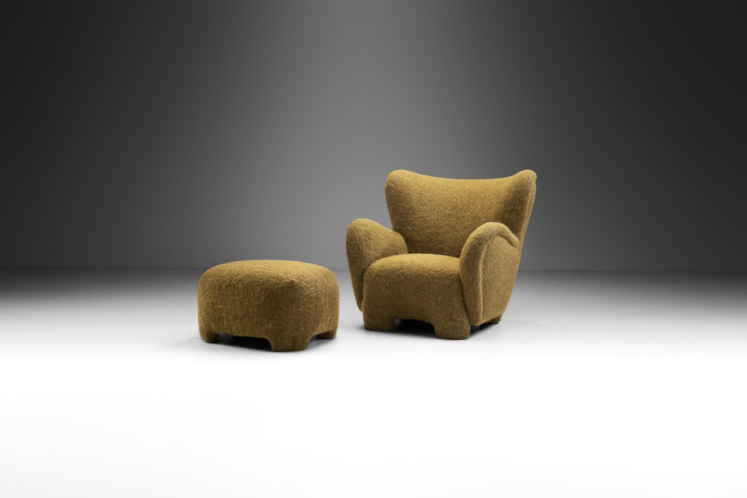Mid-Century Modern Upholstered Finnish Lounge Chair and Ottoman, Finland, 1950s