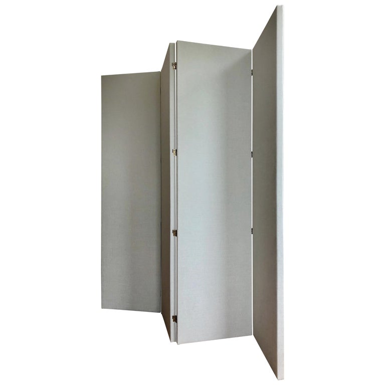 Upholstered Folding Screen Room Divider Pale Gray Blue, in Stock For