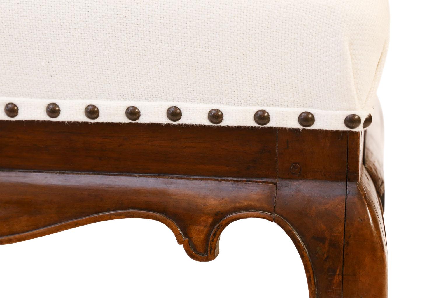 Hand-Carved Upholstered French Walnut Bench