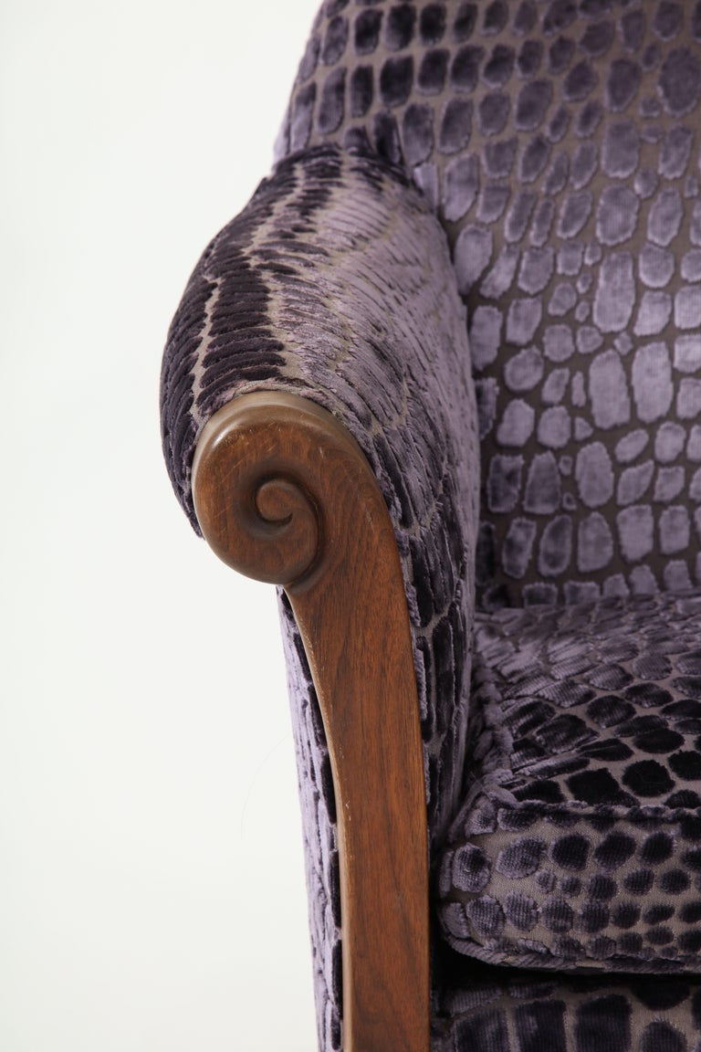 Mid Century Carved Wood Frame Chairs withPatterned Ve;vet at 1stDibs