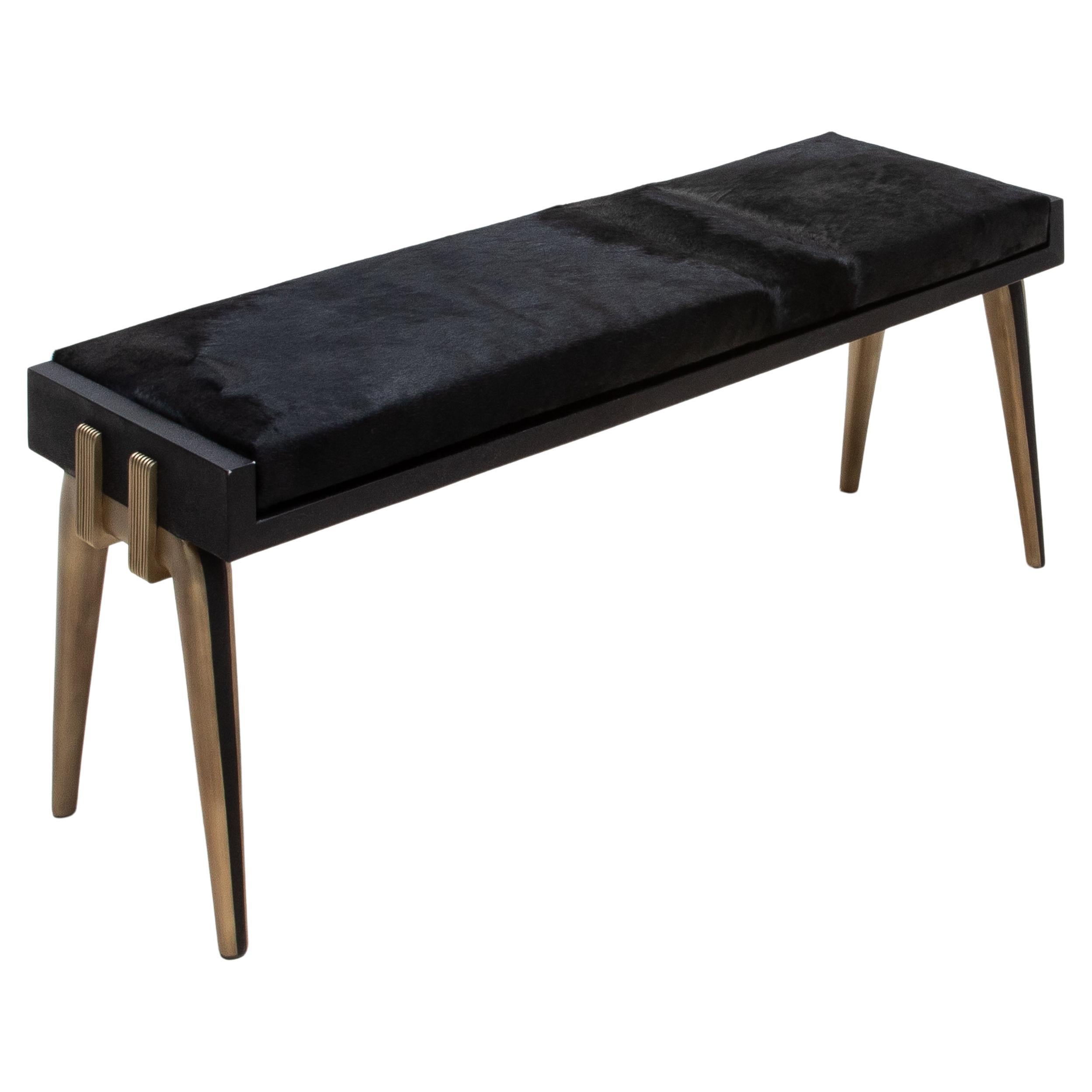 Upholstered Hide Bench in Black Shagreen and Bronze Patina Brass by R&Y Augousti For Sale