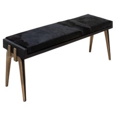 Upholstered Hide Bench in Black Shagreen and Bronze Patina Brass by R&Y Augousti