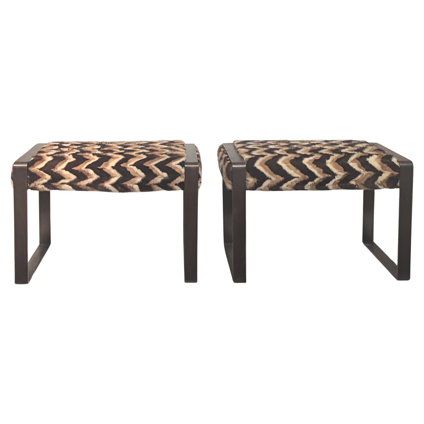 Upholstered Iron Benches, a Pair