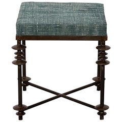 Upholstered Iron Stool with Blue Linen Seat