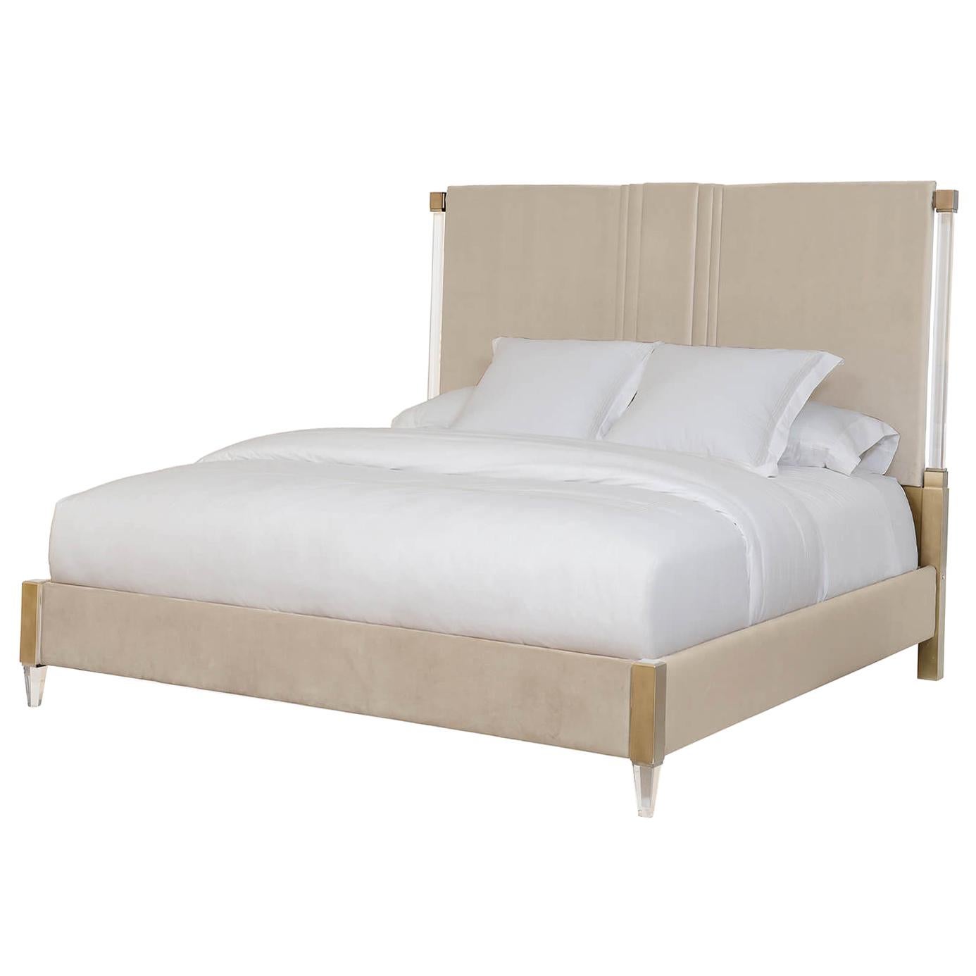 Upholstered King Bed with Lucite and Bronze Accents