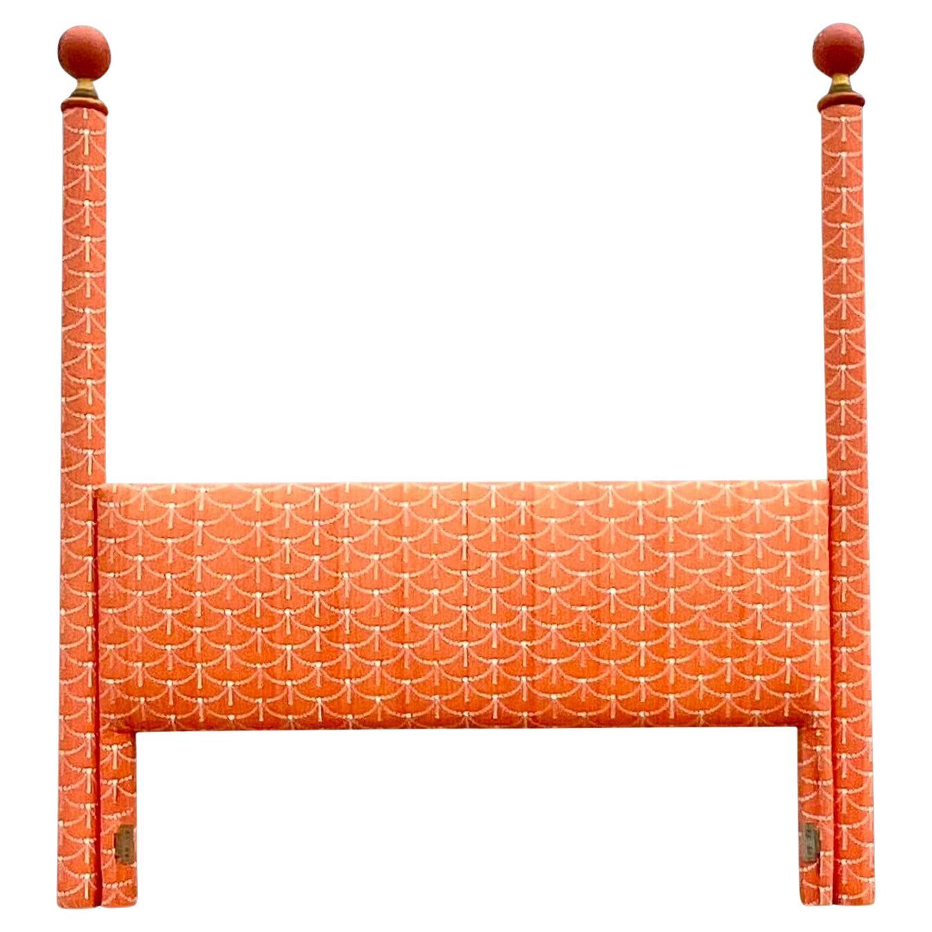 Upholstered King Headboard With Hand Painted Cannon Ball Finials For Sale