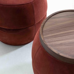 Upholstered, Leather, Solid Walnut, Barrel Ottoman