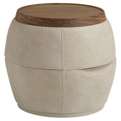 Upholstered, Leather, Solid Walnut, Barrel Ottoman