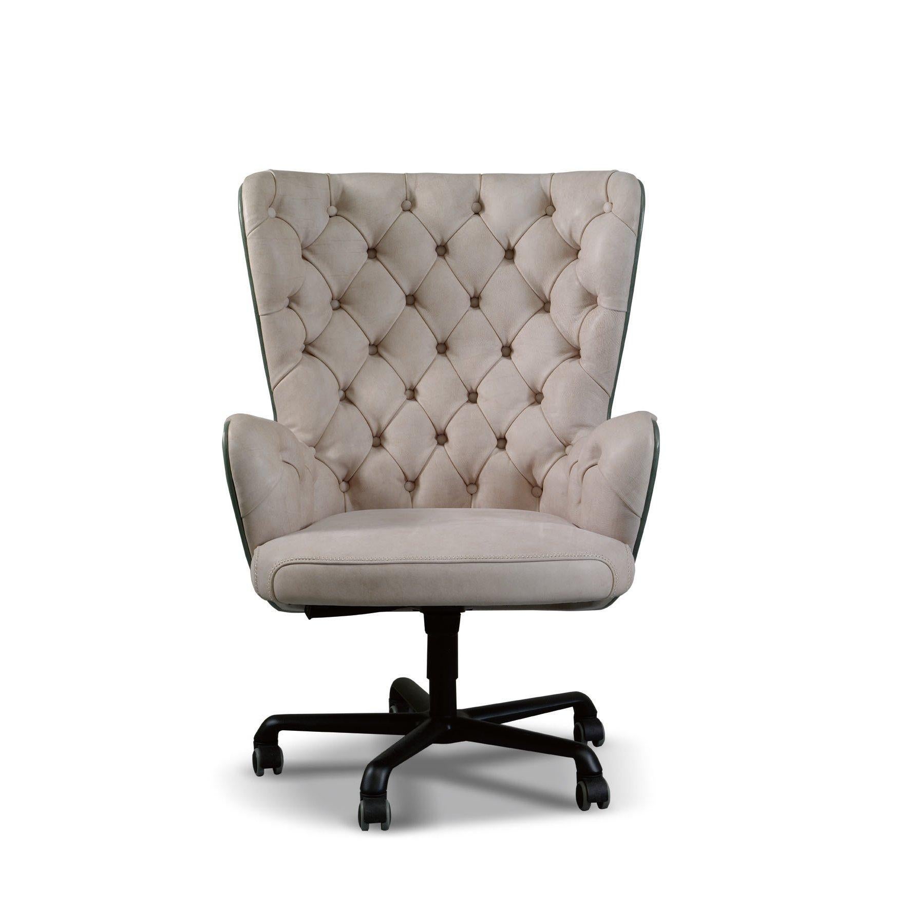 The Sophia Office chair Swivel is a modern Italian designer swivel chair handmade in upholstered leather in cream. This luxury modern furniture collection features wood furniture upholstered in Italian leather or exotic materials such as goat skin