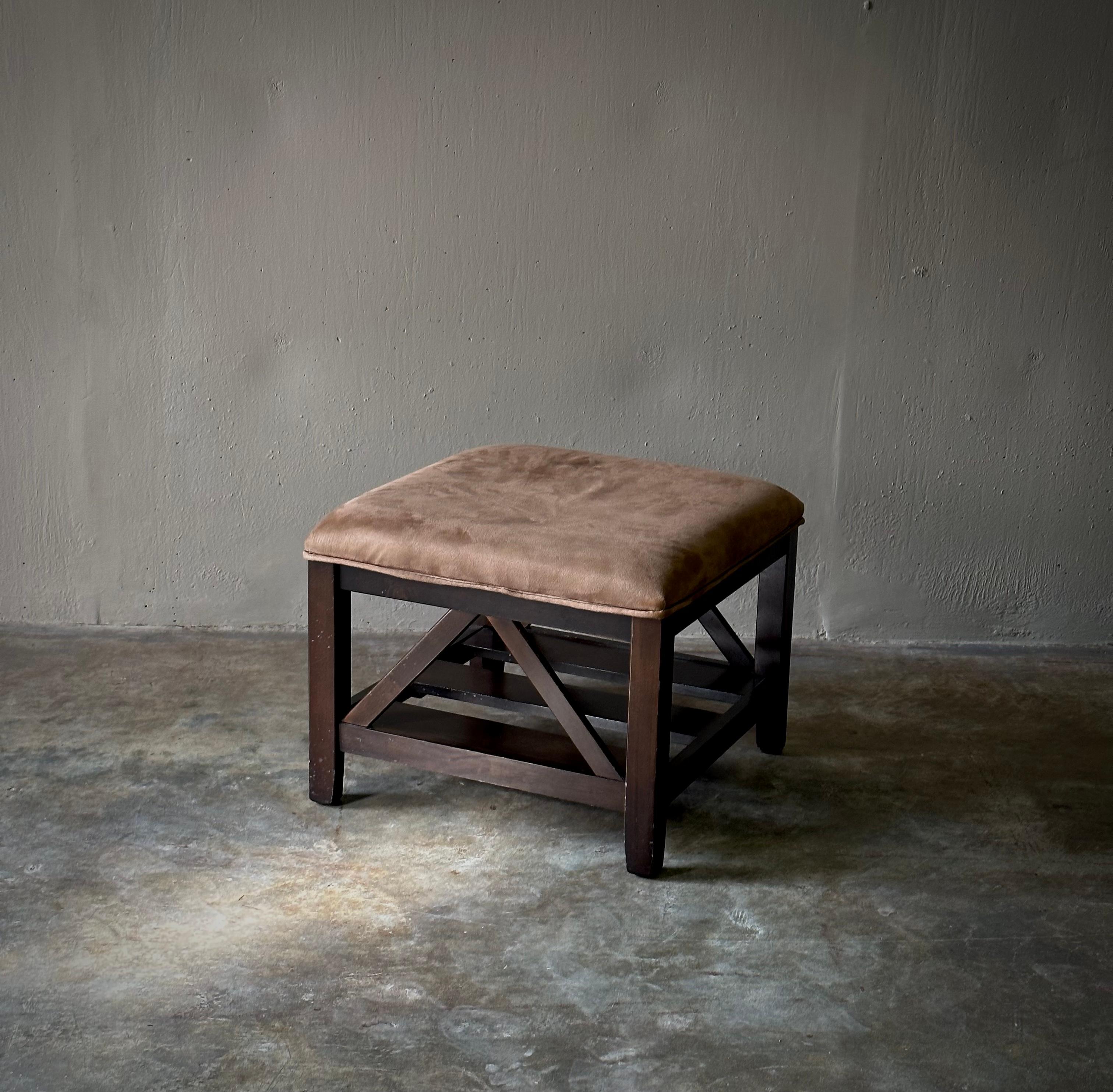 1940s Belgian stool, ottoman or small bench with beautiful original taupe leather upholstered top and dark chocolate stained wooden base. Rustic yet elegant.

Belgium, circa 1940

Dimensions: 20 W x 20 D x 16 H.