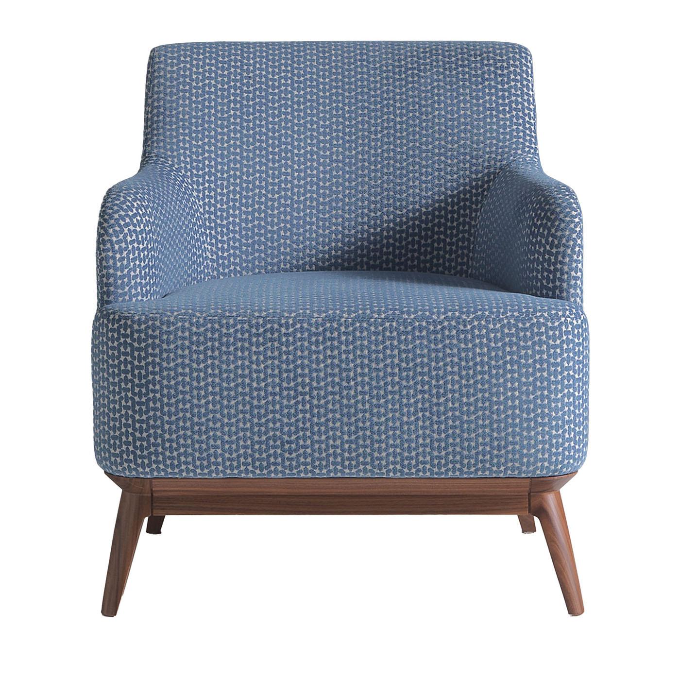 Textile Upholstered Light Blue Armchair With Canaletto Walnut Feet by Annibale Colombo en vente