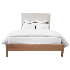 Upholstered Linen and Solid Oak Platform Bed in Queen Size