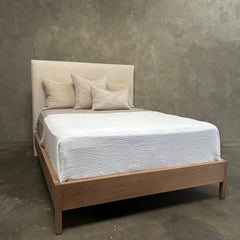 Upholstered Linen and Solid Oak Platform Bed in Queen Size