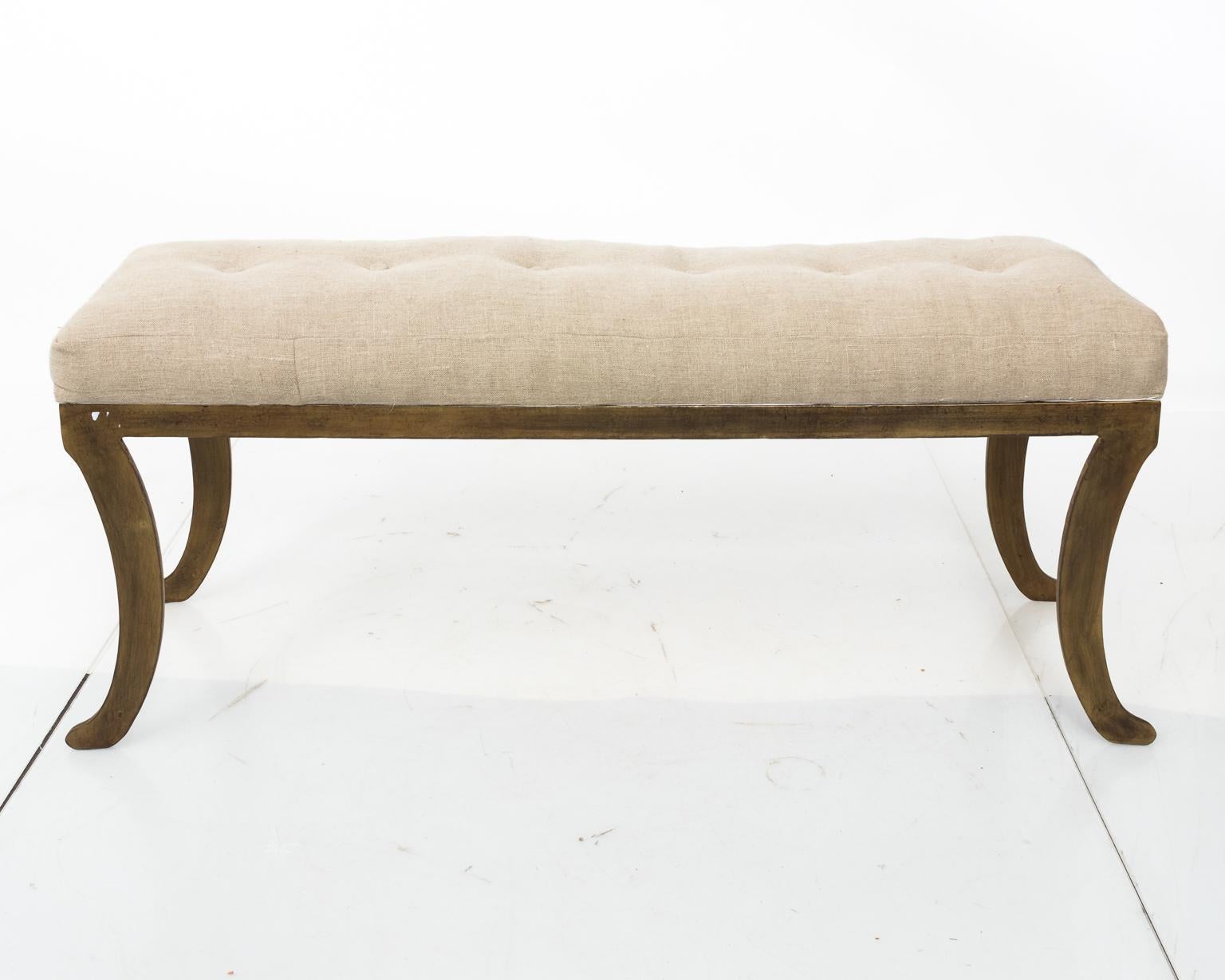 Splay legged Iron long bench with tufted upholstery, circa late 20th century