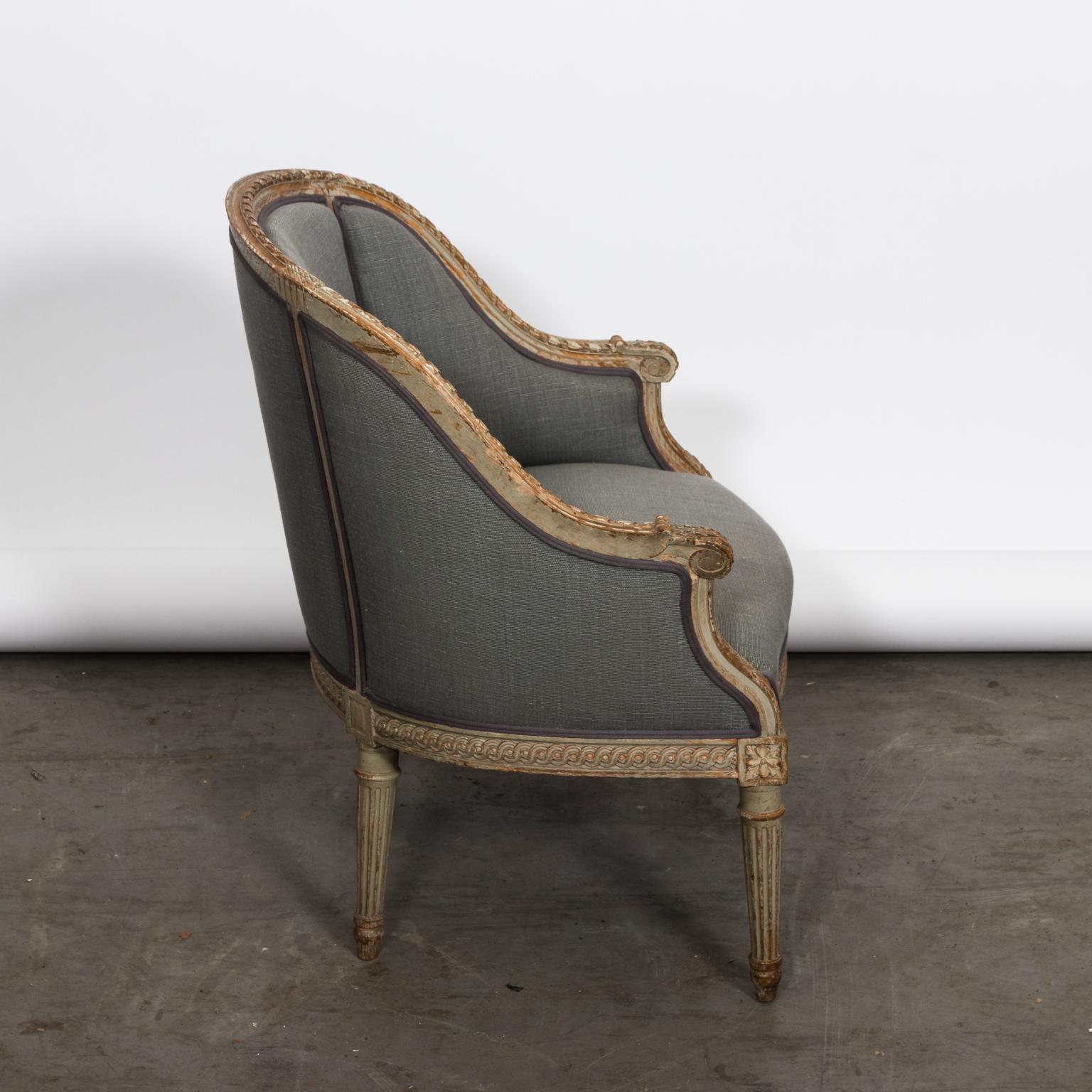 Painted Upholstered Louis XVI Style Bergère Armchair For Sale