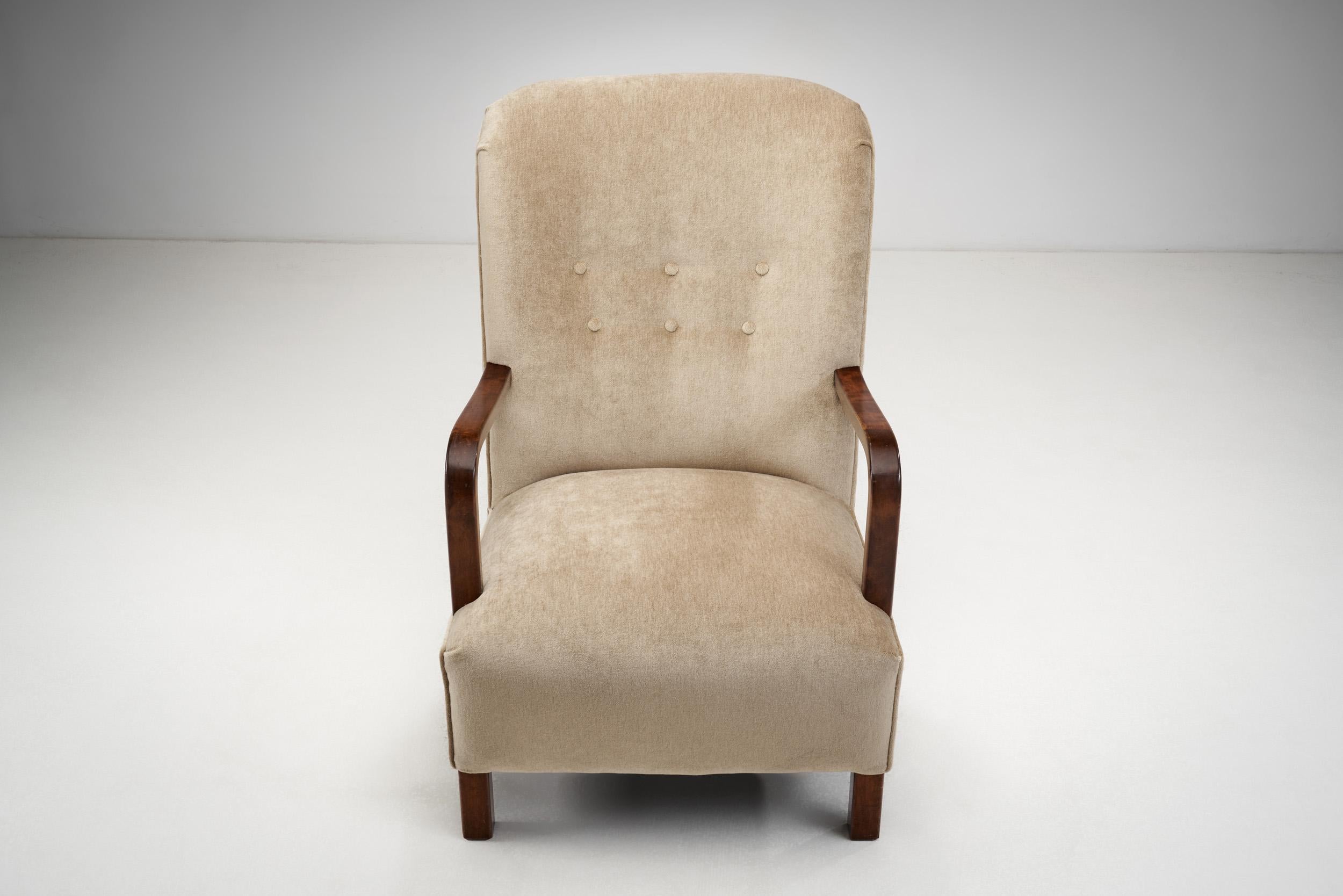Mid-20th Century Upholstered Lounge Chairs with Sculptural Arms, Europe ca 1940s For Sale