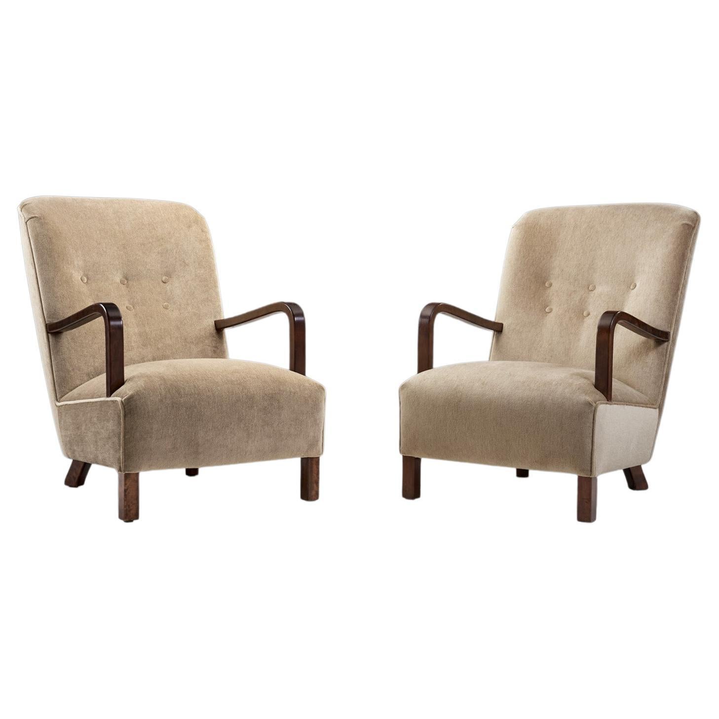 Upholstered Lounge Chairs with Sculptural Arms, Europe ca 1940s For Sale