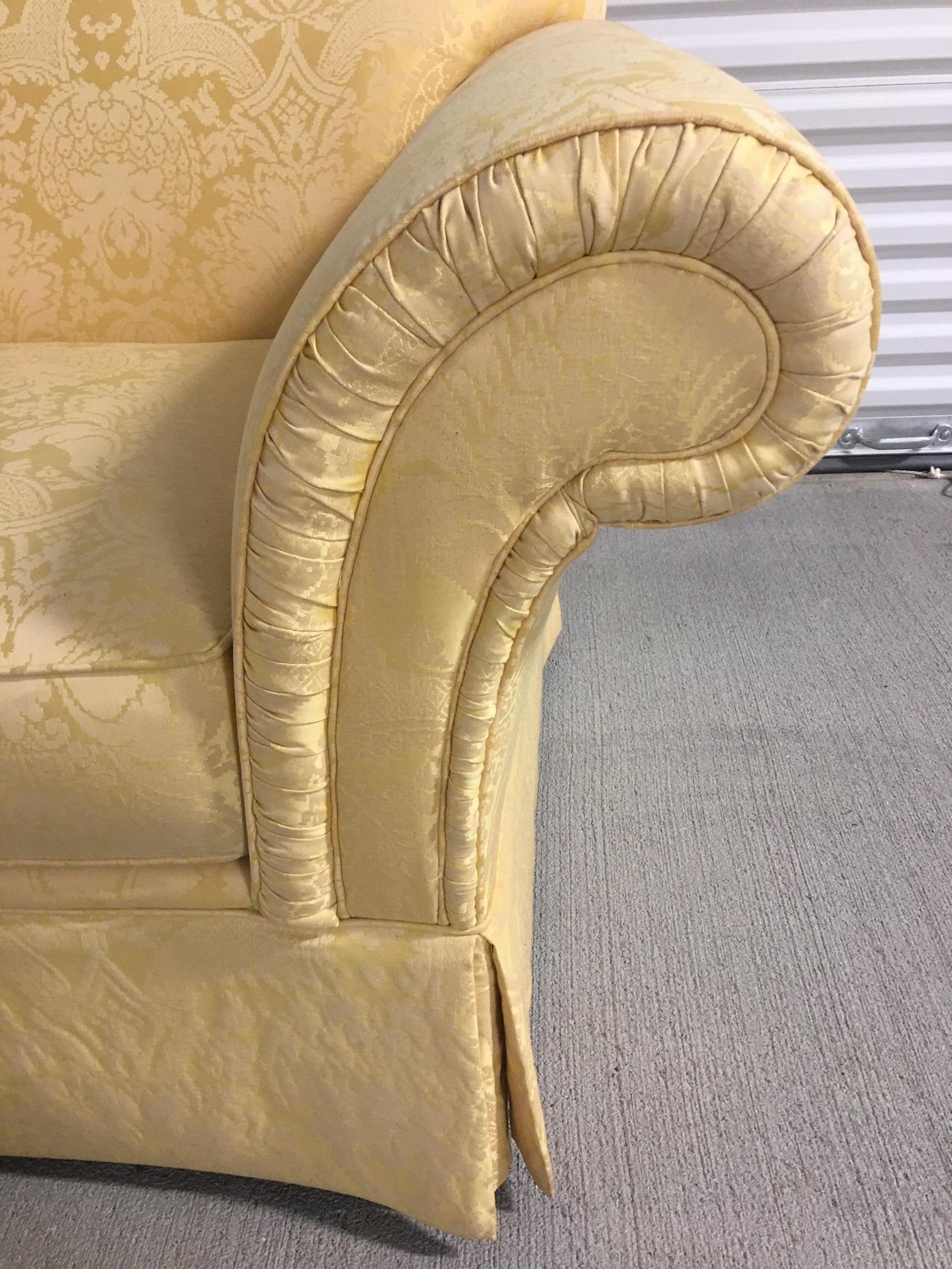 American Upholstered Loveseat in a Yellow Damask Fabric, 20th Century