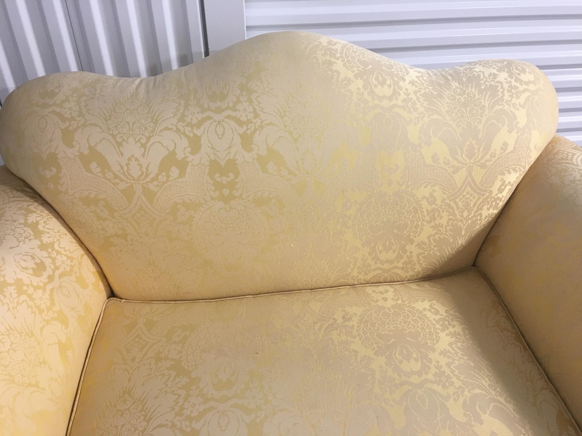 Upholstery Upholstered Loveseat in a Yellow Damask Fabric, 20th Century