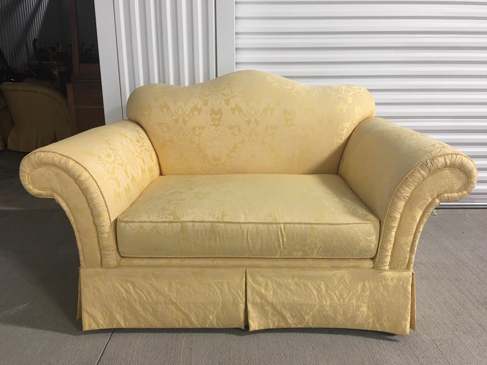 Upholstered Loveseat in a Yellow Damask Fabric, 20th Century 2