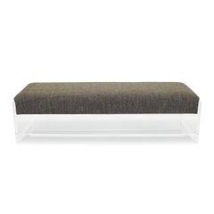 Upholstered Lucite Bench in Grey Linen, Floating Seat