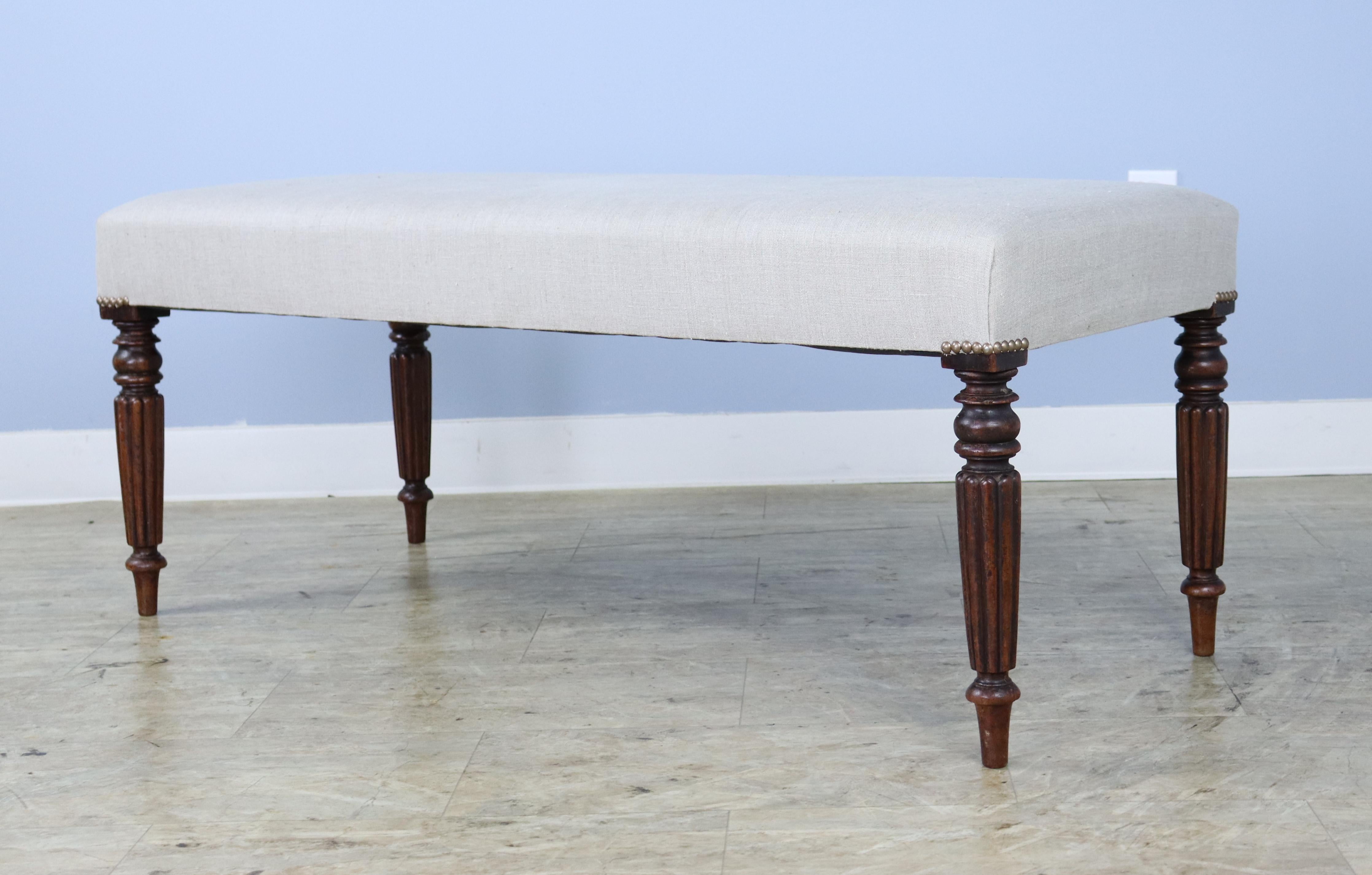 Upholstered Mahogany Bench with Fluted Legs In Good Condition For Sale In Port Chester, NY