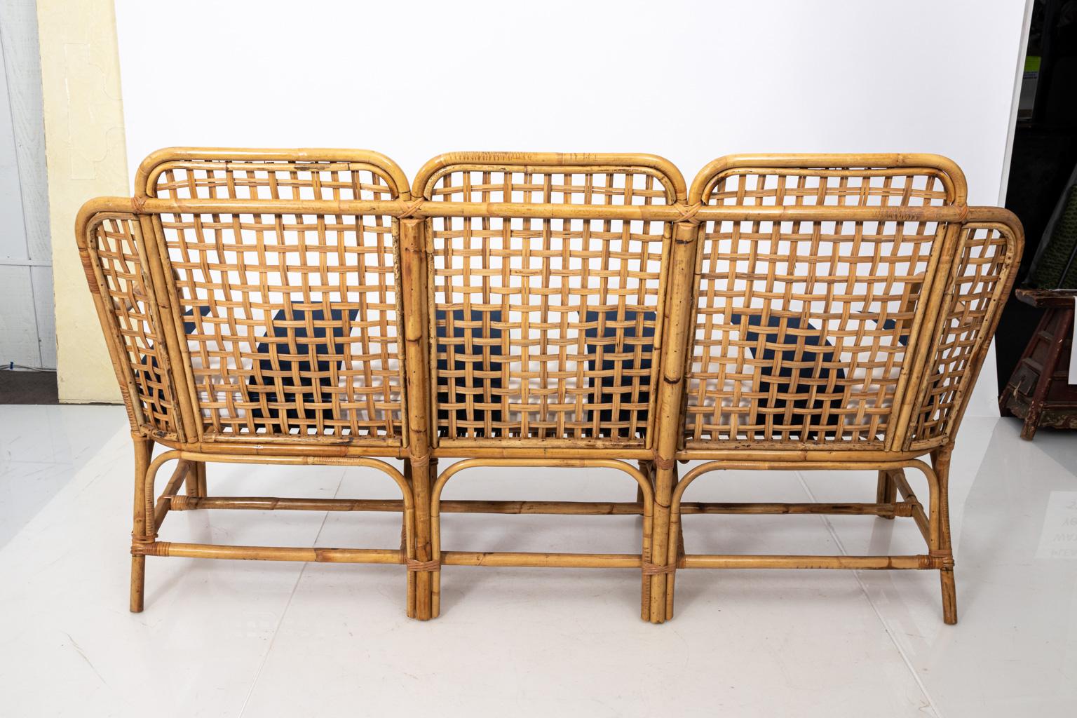 Upholstered Midcentury Bamboo Settee 1