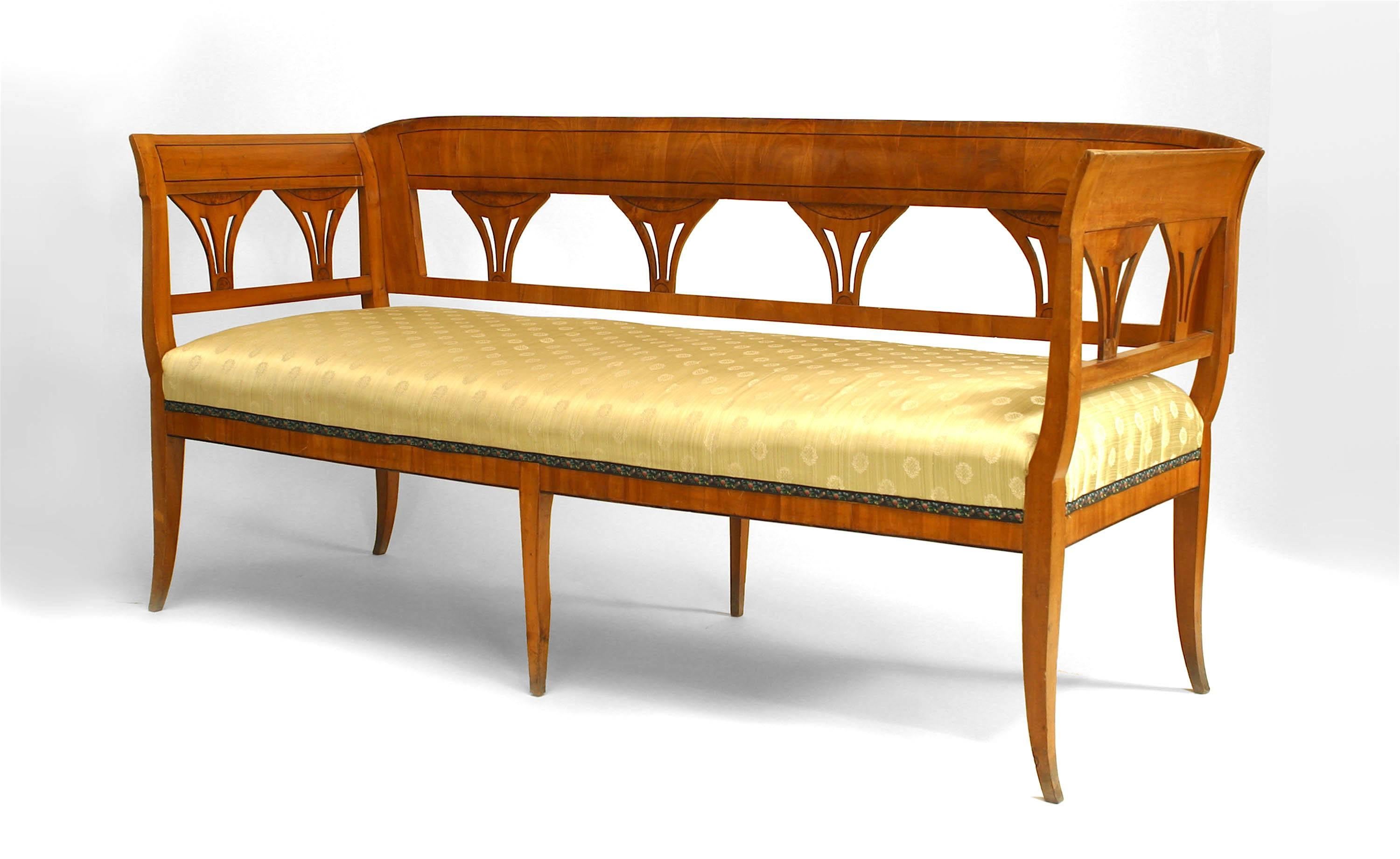 Austrian Biedermeier maple settee with burl trimmed open panels on back and sides with an ebonized banding and upholsered seat
