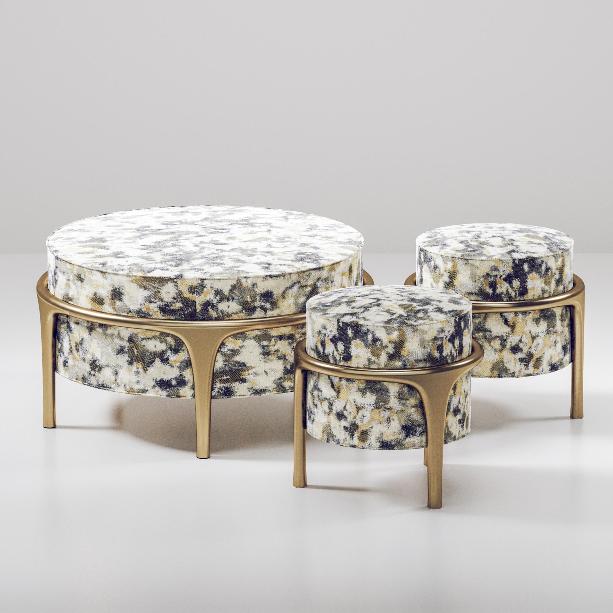 Upholstered Ottoman and Stool with Bronze-Patina Brass Details by R&Y Augousti In New Condition For Sale In New York, NY