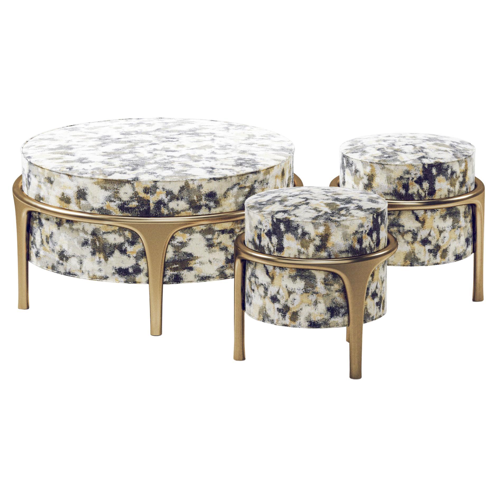 Upholstered Ottoman and Stool with Bronze-Patina Brass Details by R&Y Augousti