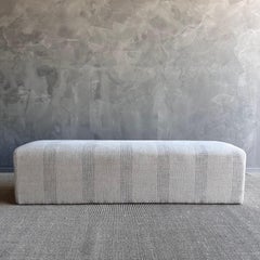 Upholstered Ottoman Bench in Stone Washed Linen with Faded Stripe