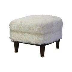 Upholstered Ottoman to Match Club Chair Shown in White Faux Skin and Wood Legs