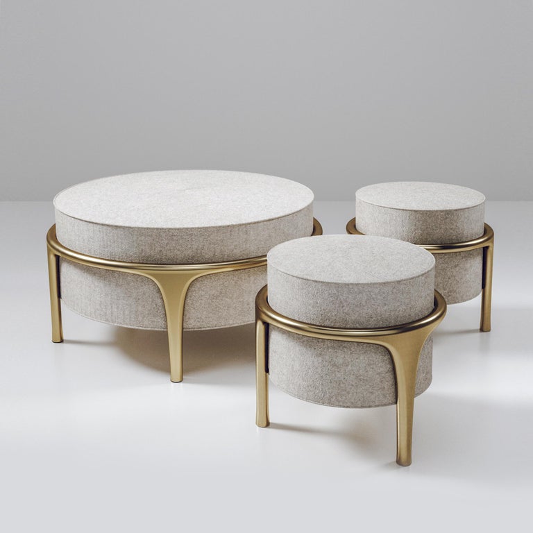 Hand-Crafted Upholstered Ottoman with Bronze-Patina Brass Details by R&Y Augousti For Sale
