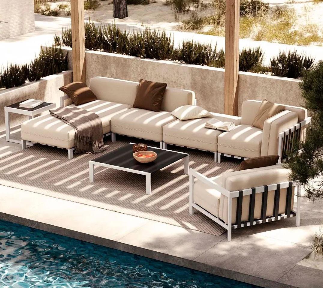 Modern Upholstered Outdoor Sectional in Micro-Textured Stainless Steel Structure