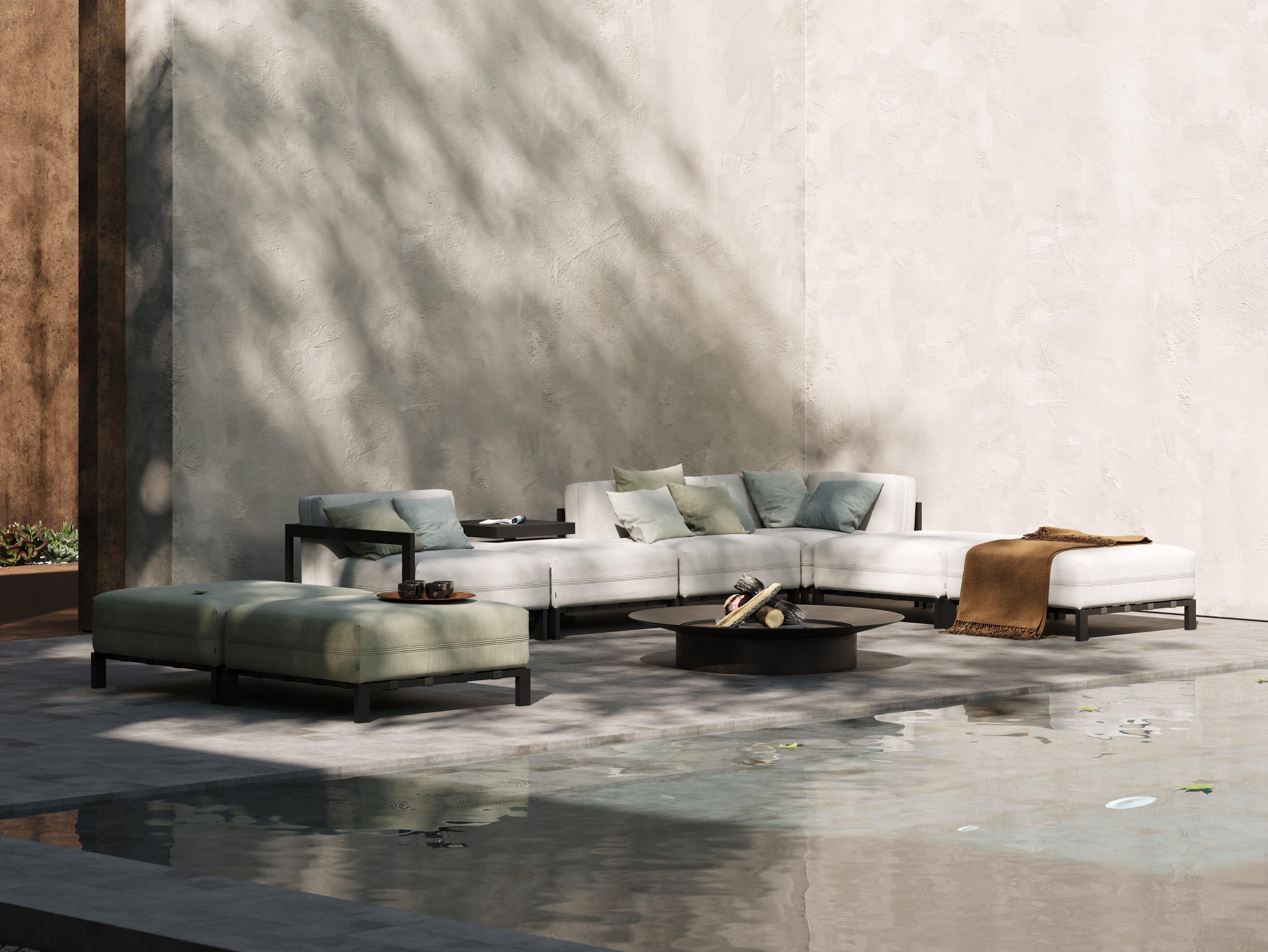 European Upholstered Outdoor Sectional in Micro-Textured Stainless Steel Structure