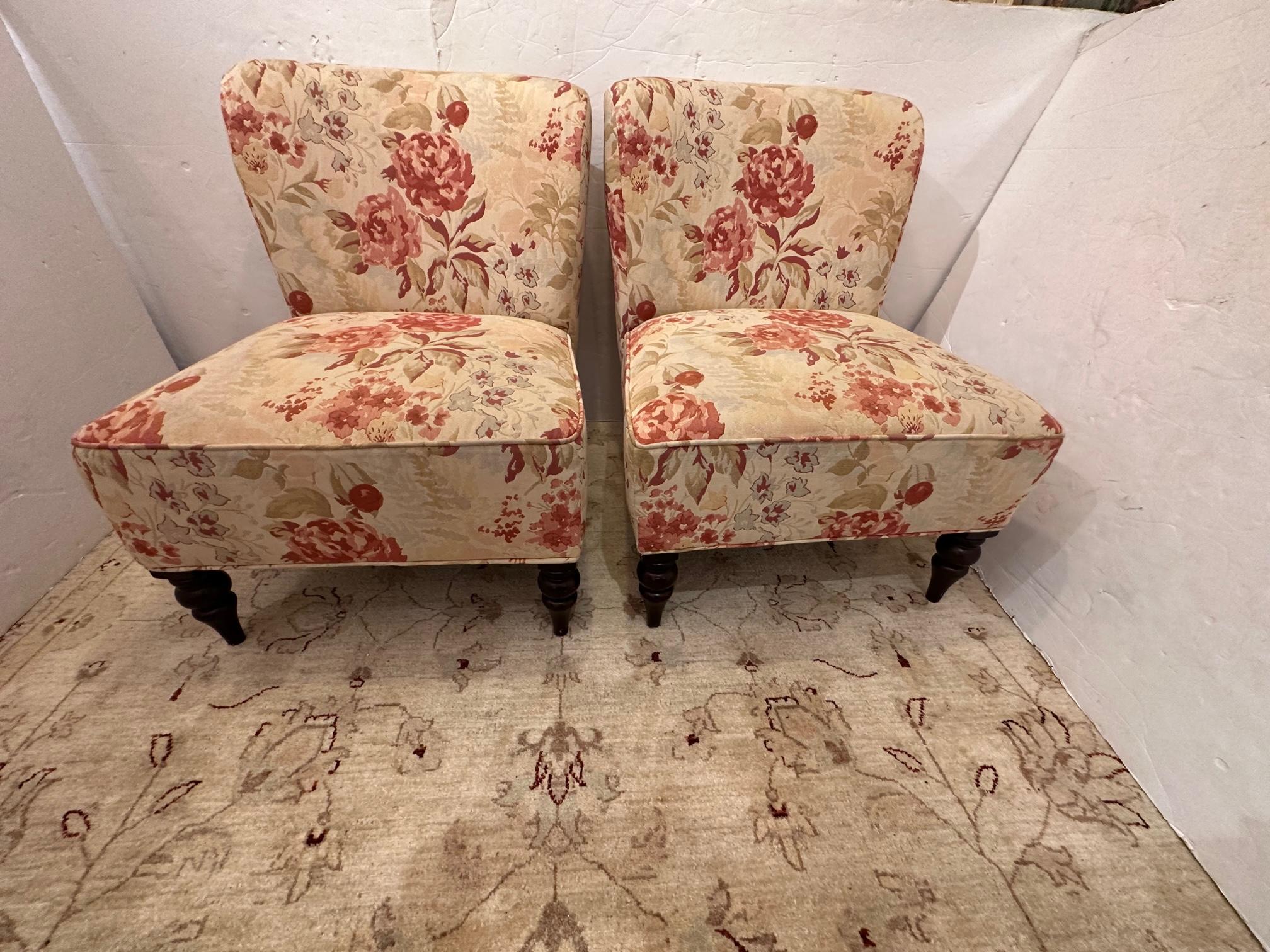 Lovely upholstered pair of slipper chairs in a classic floral pattern and pretty turned mahogany feet.
seat height 17