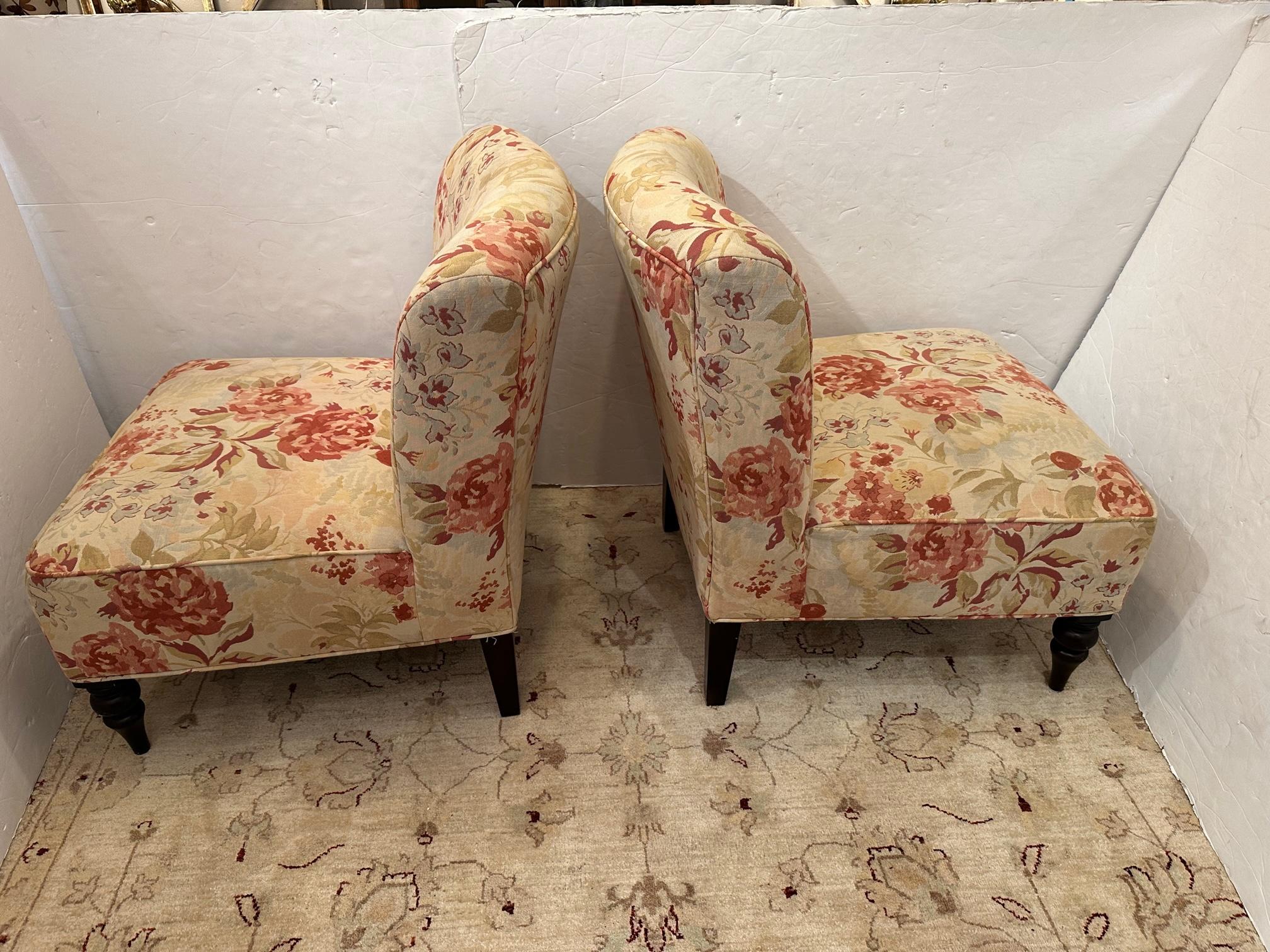 Upholstered Pair of Armless Slipper Chairs with Mahogany Feet 1