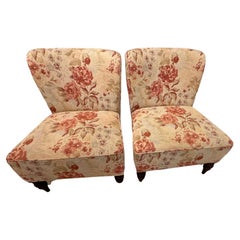 Upholstered Pair of Armless Slipper Chairs with Mahogany Feet