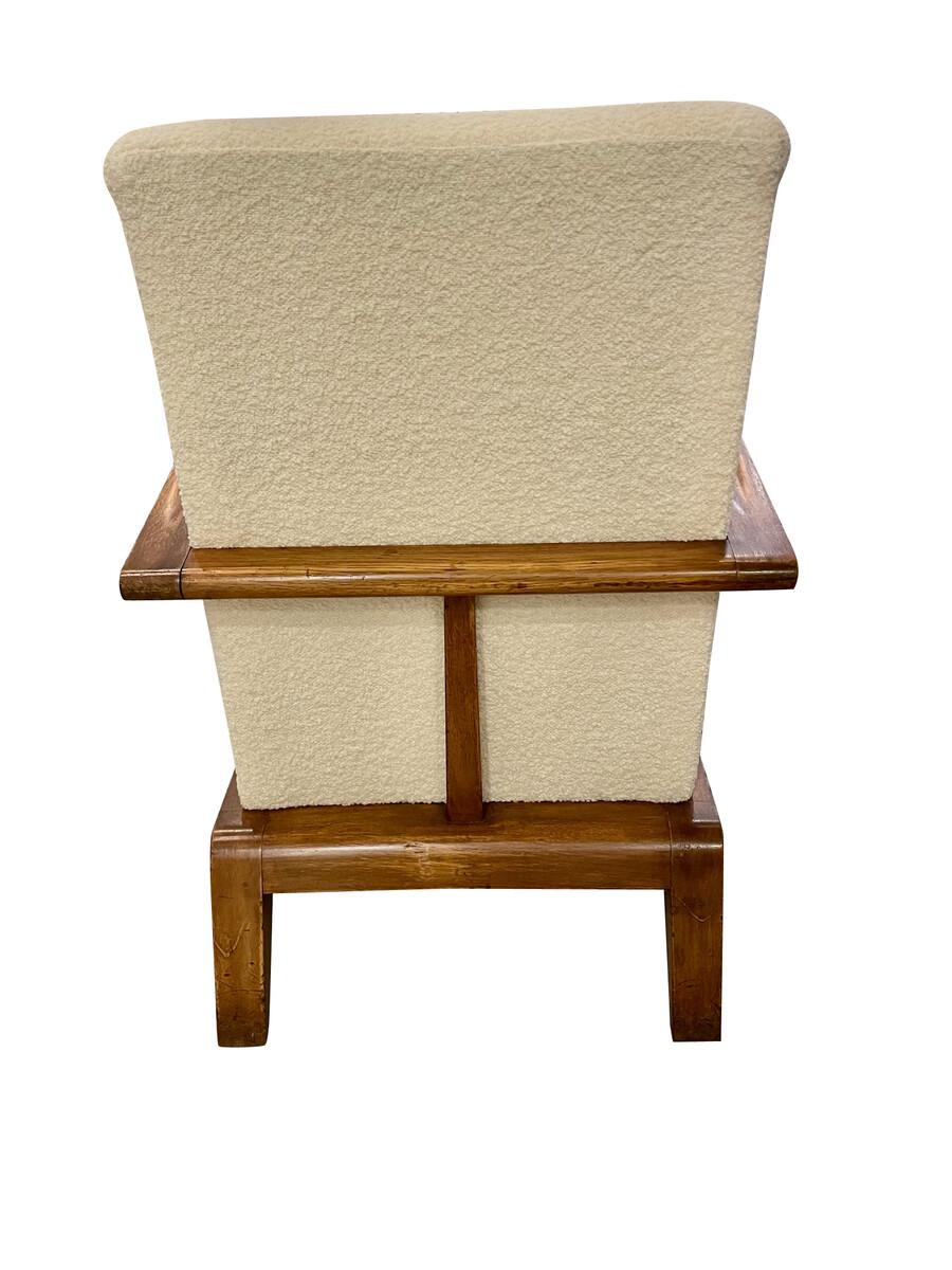 Midcentury French pair of side chairs by Roger Landault.
Wood frame with signature T back design.
The T back wraps around the side of the chair creating arms.
Beautifully sculpted legs.
Recently restored and newly reupholstered in cream colored
