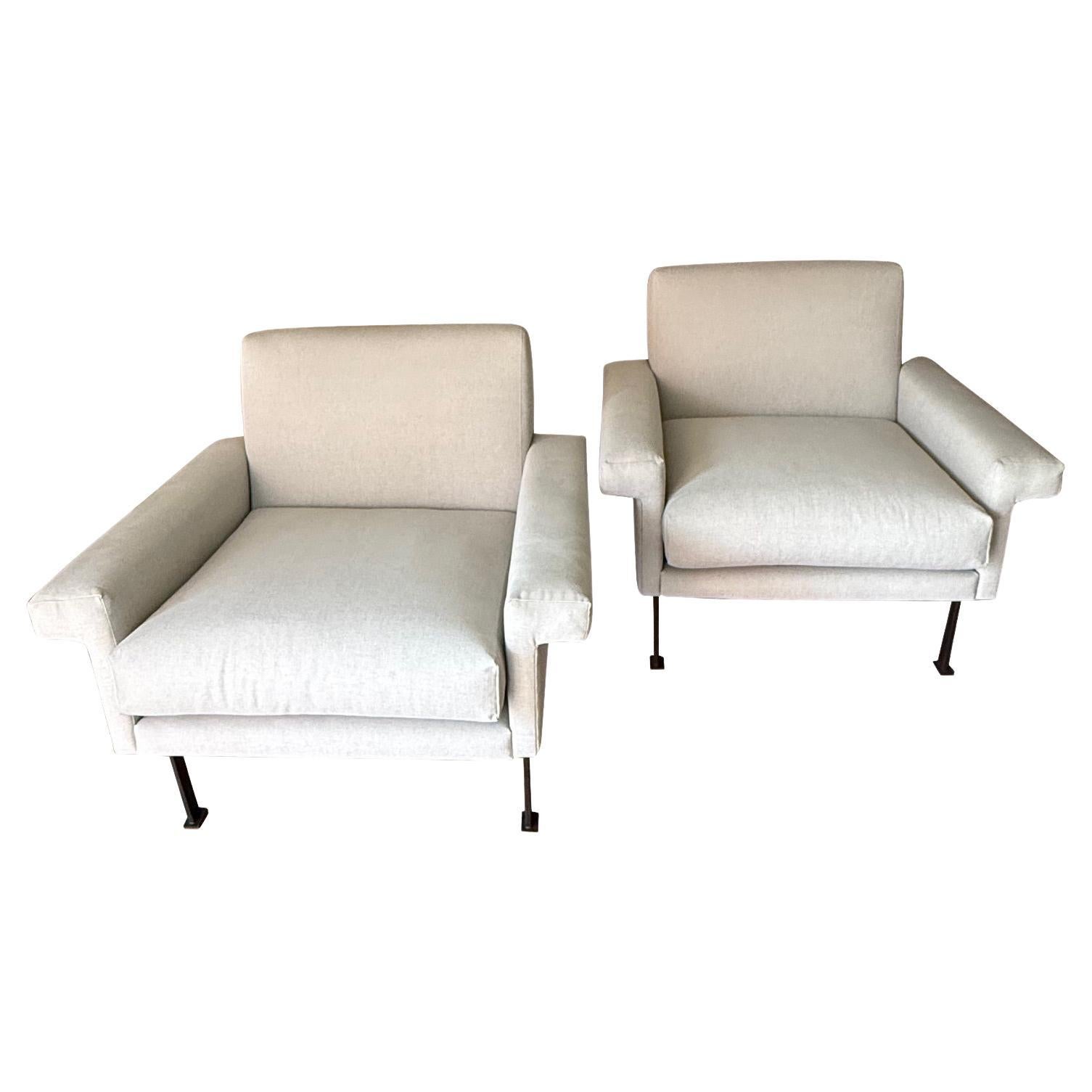 Upholstered Pair Of Tubular Metal Frame Side Chairs, Italy, Mid Century