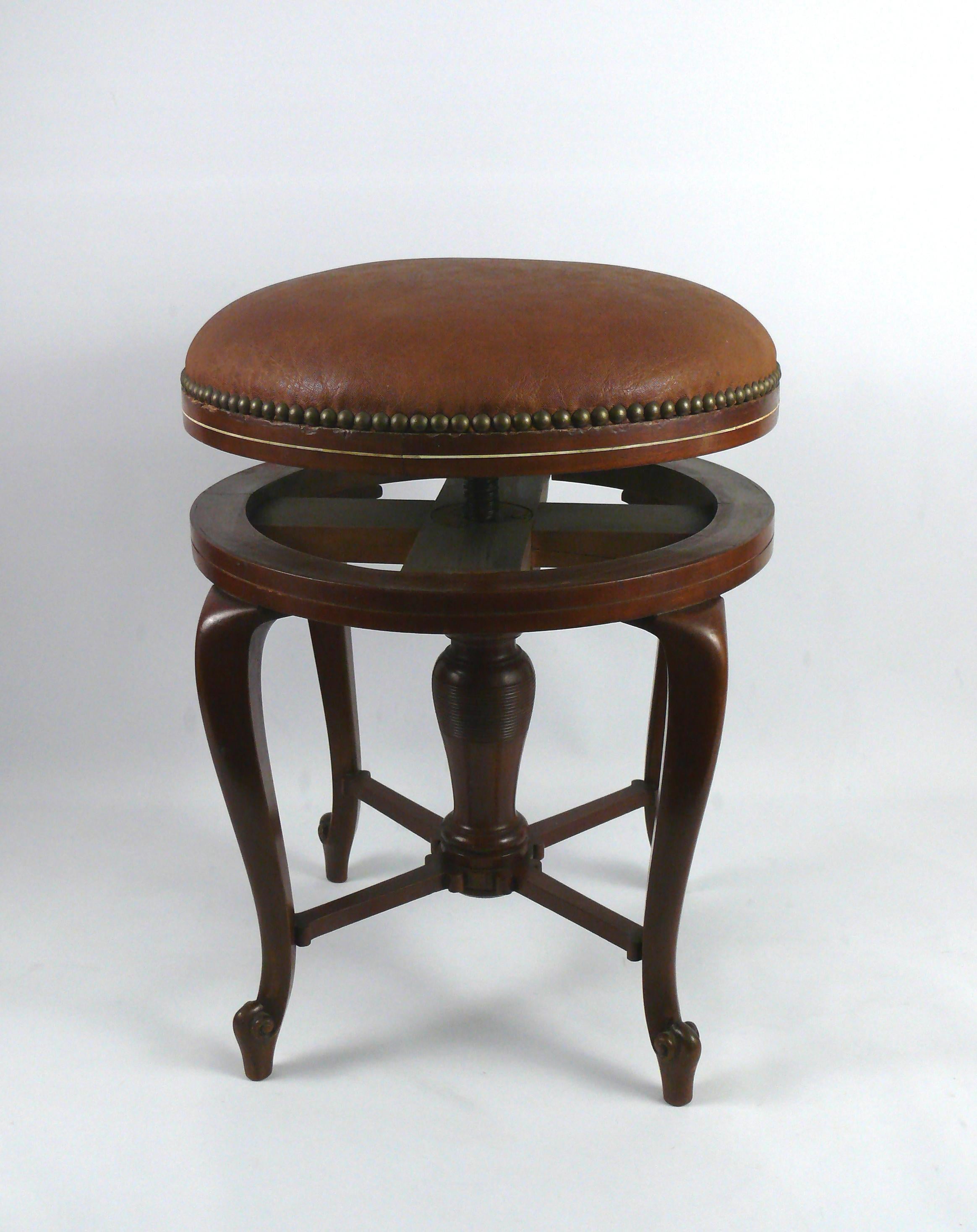 German Upholstered Piano Stool / Swivel Stool, Chippendale Style